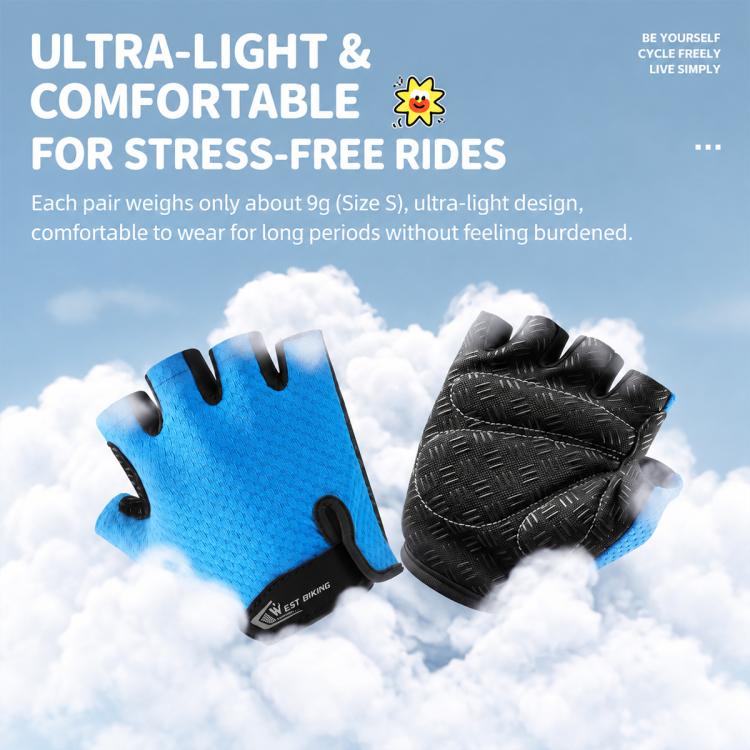 Pair of kids half-finger bicycle gloves with blue and black textured grip palms
