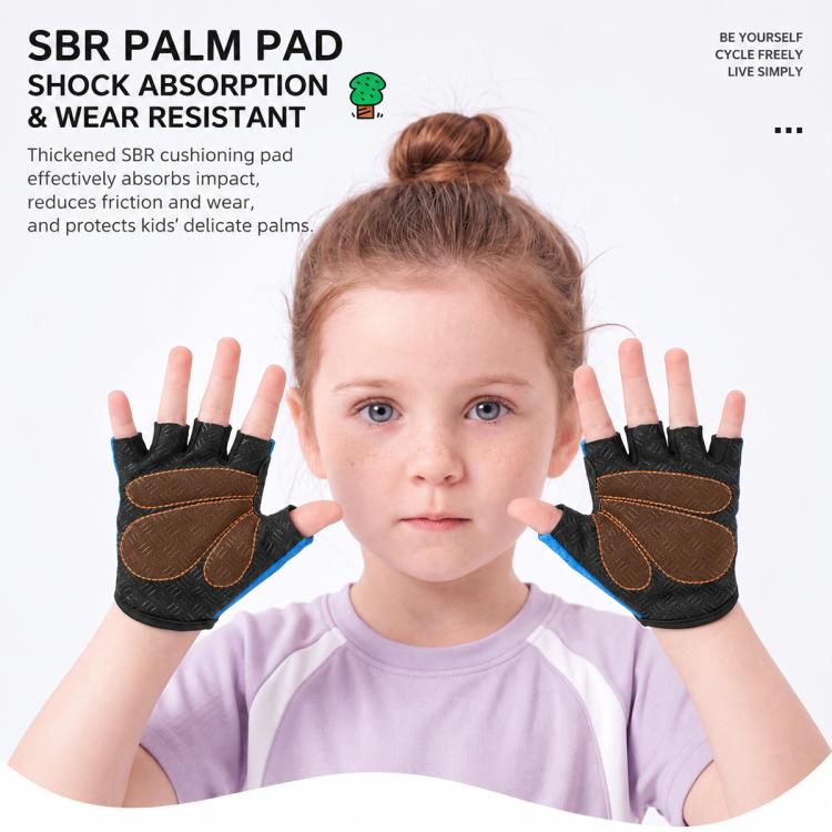 Kids half-finger bicycle gloves with padded shock-absorbing palms, black