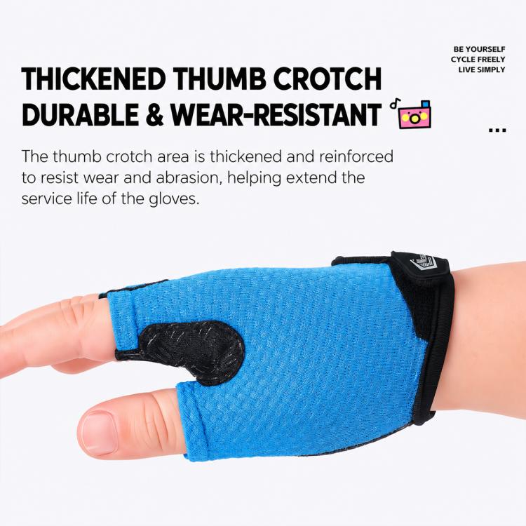 Kids half-finger bicycle gloves with reinforced thumb crotch area, blue