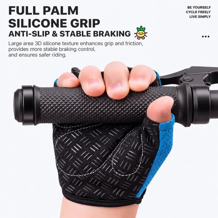 Kids half-finger bicycle gloves with full palm silicone anti-slip grip, blue and black