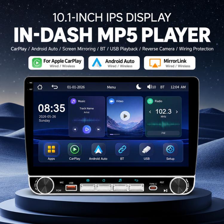 10.1 inch IPS Double-DIN Car MP5 Player Wireless CarPlay/Android Auto Bluetooth HD Display
