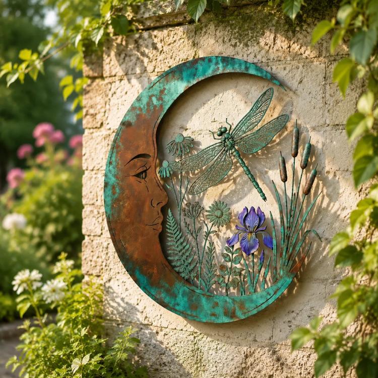 Acrylic circular wall decoration with teal dragonflies and blue-purple flowers in a garden scene