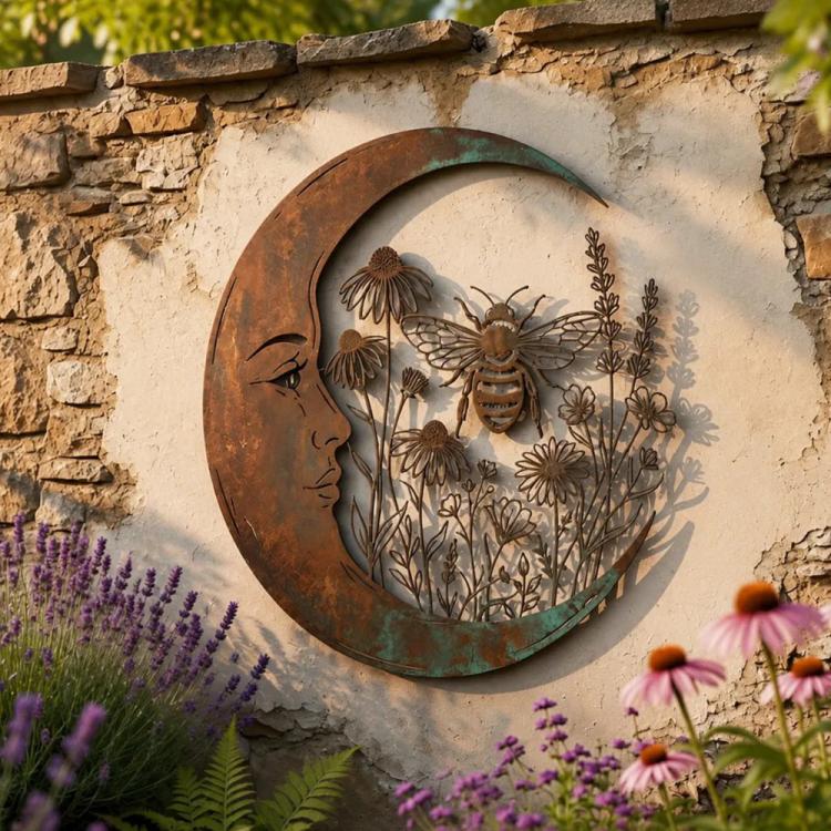 Moon-shaped wall decoration with honeybee and flowers, muted gray and brown accents