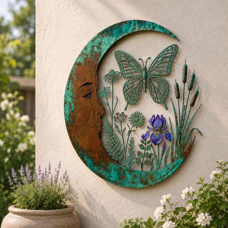 Moon-shaped wall decoration with dragonfly and purple flowers, teal distressed border