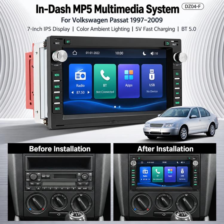 In-dash MP5 multimedia stereo with 7-inch touchscreen, side brackets, and knobs