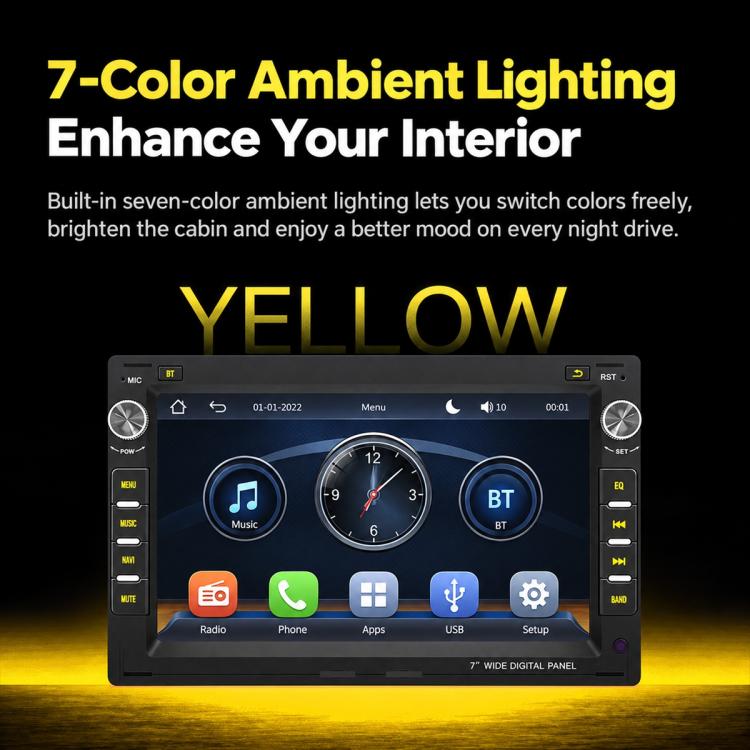 Car stereo head unit with seven-color ambient lighting effect (yellow)