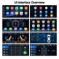 Car stereo touchscreen UI showing music, phone, apps, and vehicle menu icons