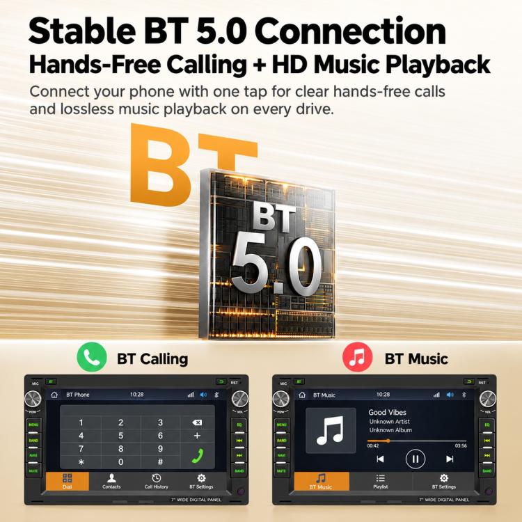 In-dash MP5 receiver with touchscreen showing Bluetooth music and calling icons