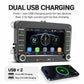 7-inch car stereo unit with dual USB charging ports and phone connectivity icons