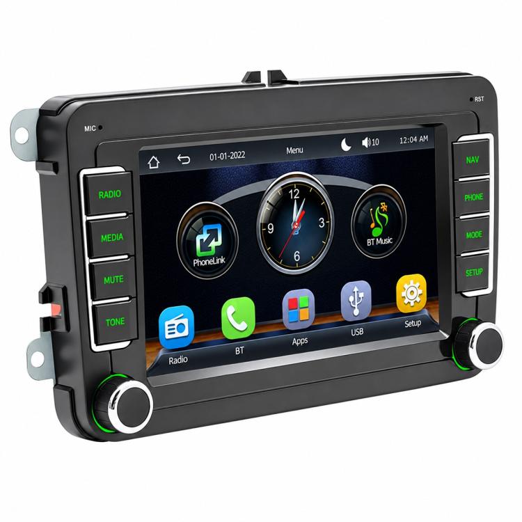 7-inch car MP5 stereo head unit with touchscreen, knob dials, and side mounting brackets