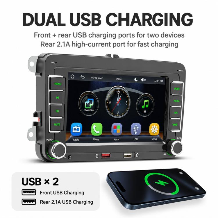 Car MP5 multimedia head unit with dual front and rear USB charging ports