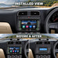 In-car installed MP5 player screen in the dashboard air vent area with volume knobs