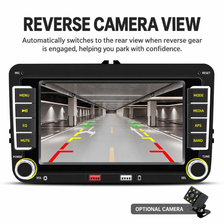 Reverse camera view on the car MP5 player screen with optional rear camera shown
