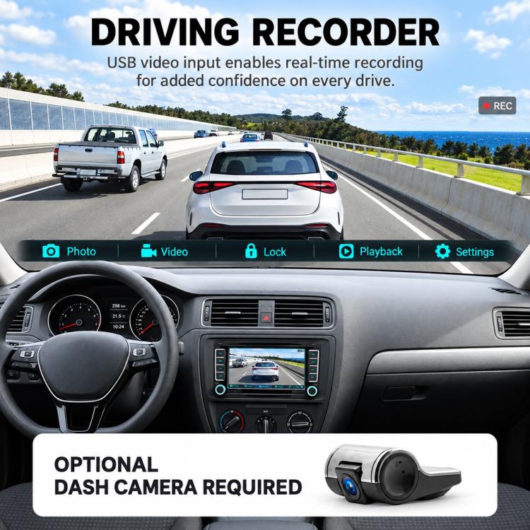 Car dashboard recording display with optional dash camera required text and preview screen