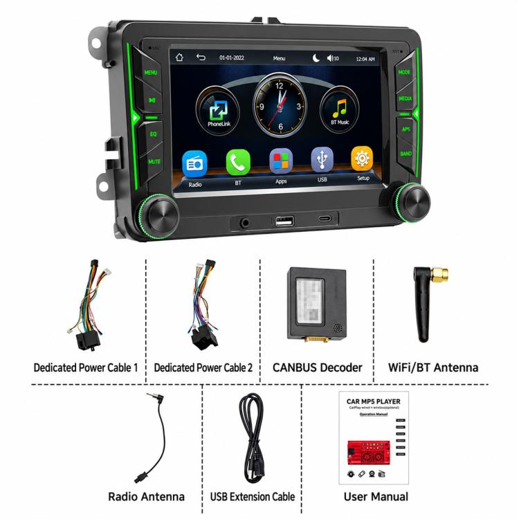 In-dash MP5 player head unit kit with wiring harnesses, antennas, and user manual