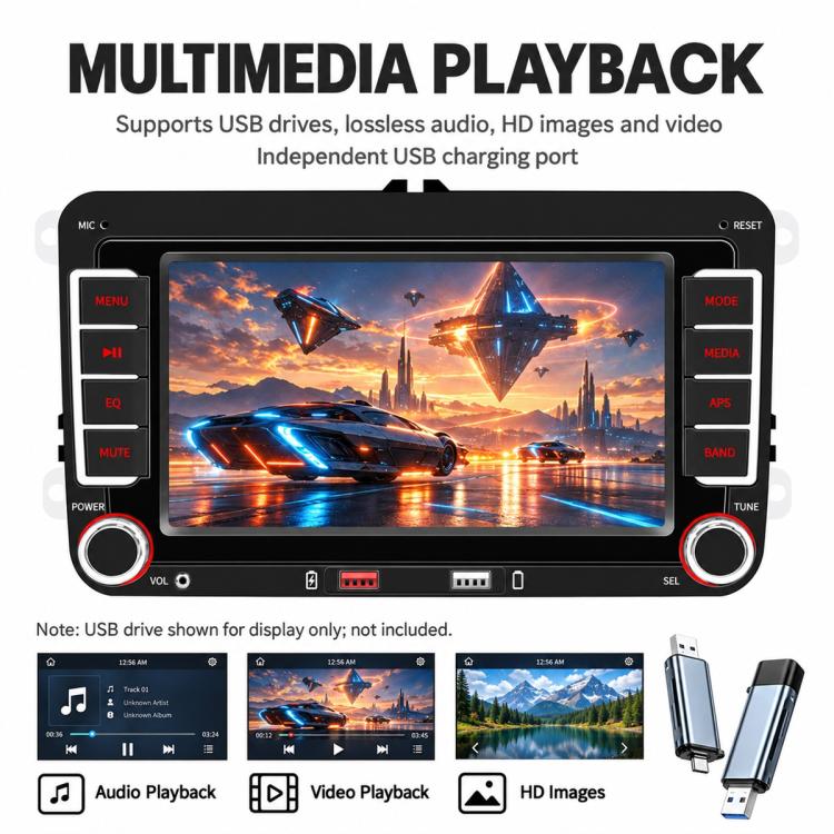 Car multimedia head unit displaying video playback on a widescreen touchscreen