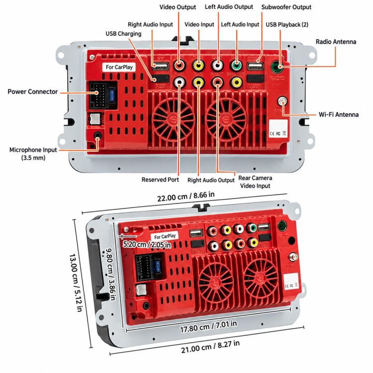 Car stereo rear connection panel with audio/video inputs, USB charging, and Wi‑Fi antenna