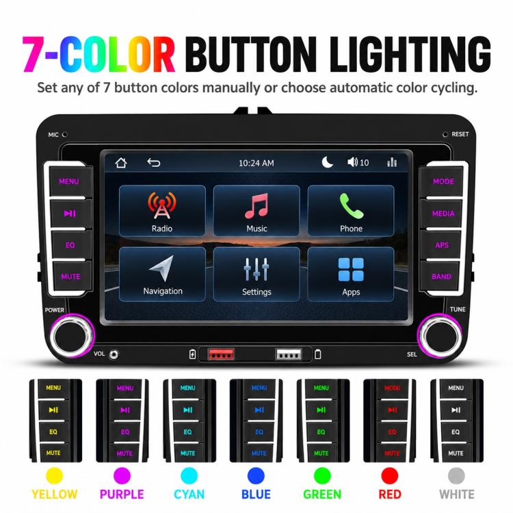 In-dash MP5 player with customizable button lighting colors and glowing side control panels