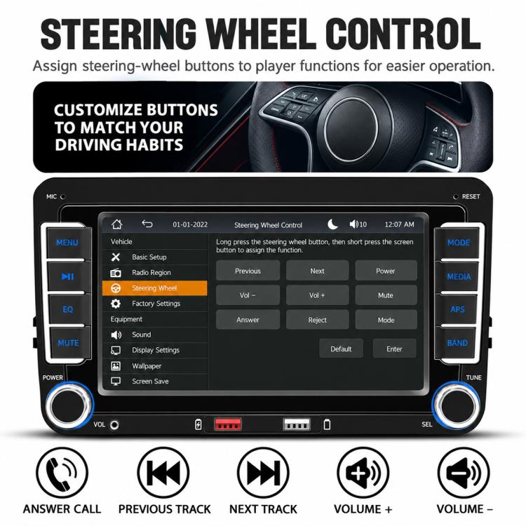 In-dash MP5 player with steering wheel control menu on the touchscreen display