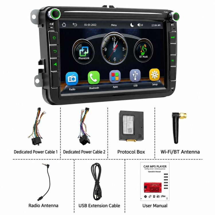 8-inch in-dash MP5 car stereo receiver kit with cables, antenna, protocol box, manual