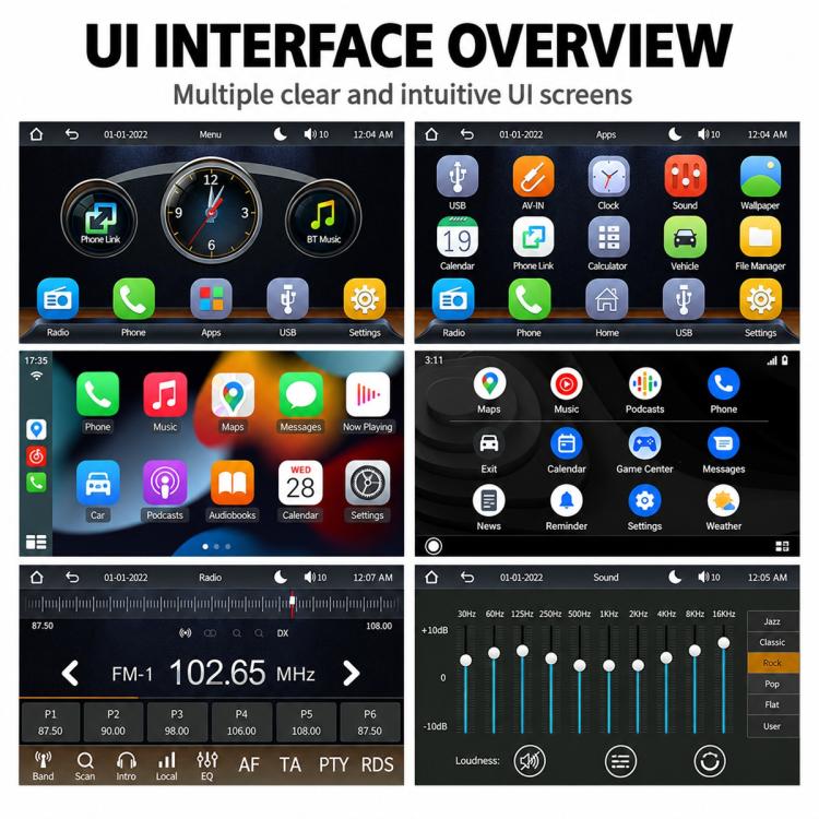 Car stereo UI overview with multiple app screens for radio, phone, apps, and settings