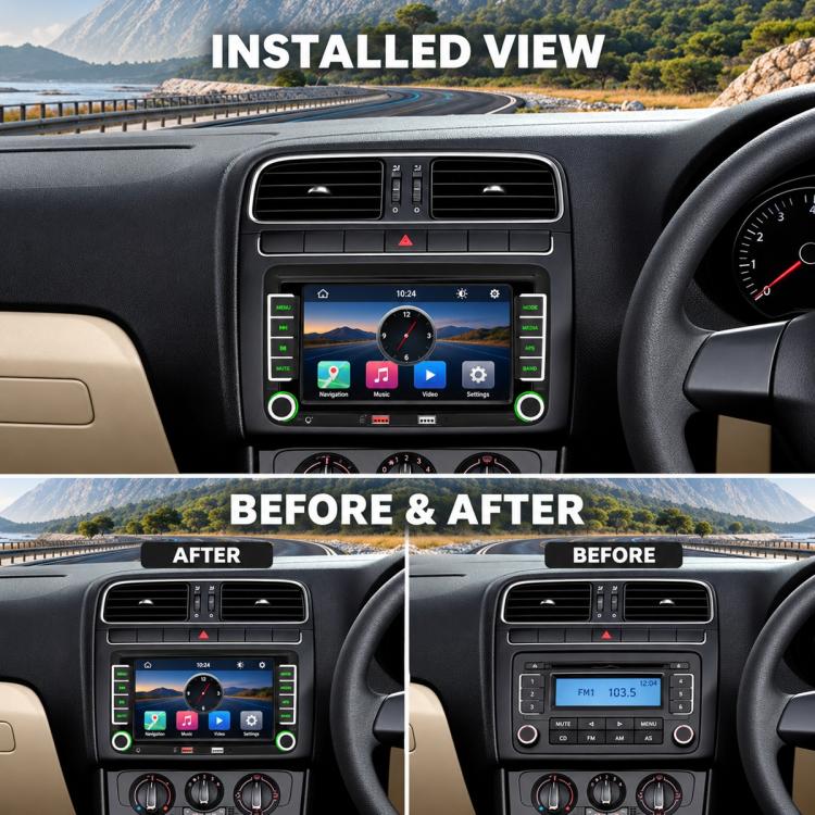 Installed in-dash MP5 player screen in car dashboard, black bezel