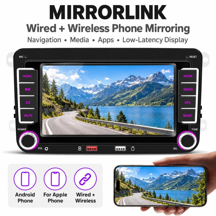In-dash MP5 player showing MirrorLink screen preview and controls, black unit