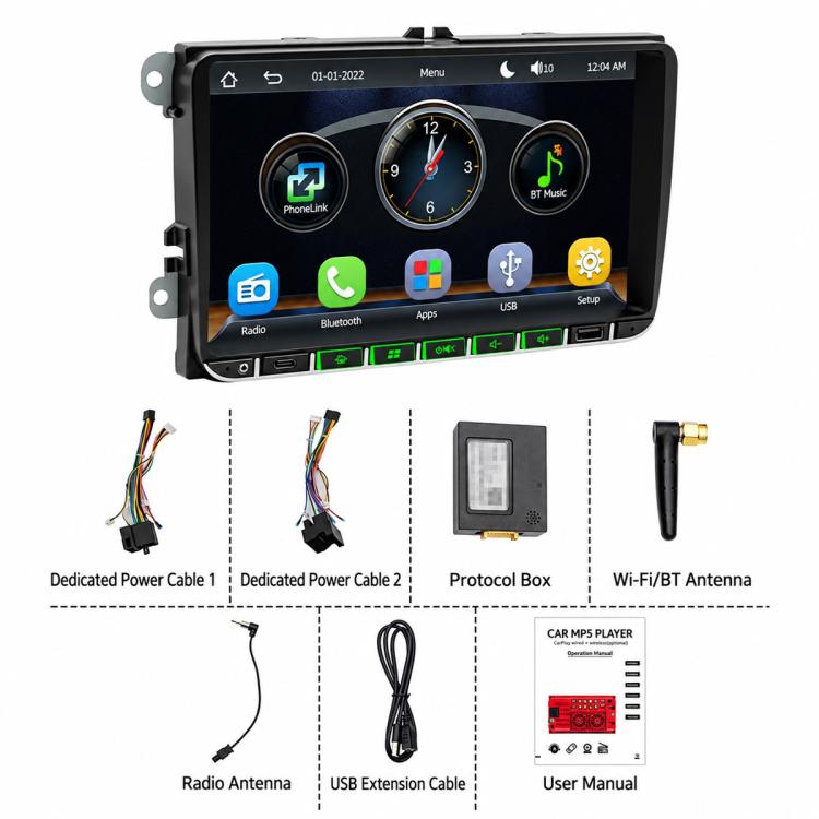 Car MP5 player with wiring harnesses, protocol box, Wi-Fi/Bluetooth antenna, and manual