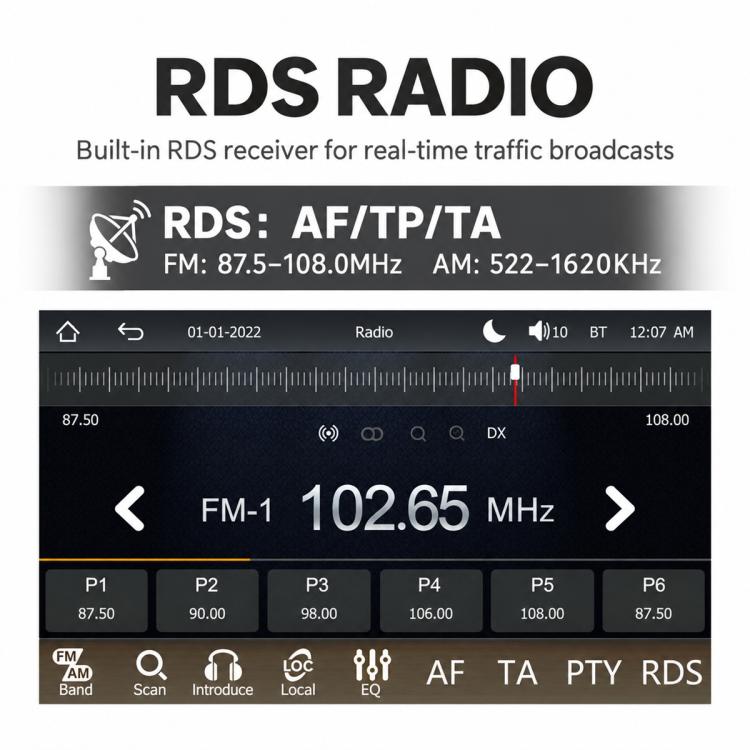 Car MP5 touchscreen radio showing FM frequency and RDS