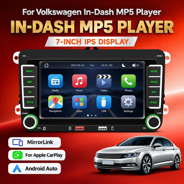In-dash MP5 player with 7-inch touchscreen and app icons for navigation, media, and settings