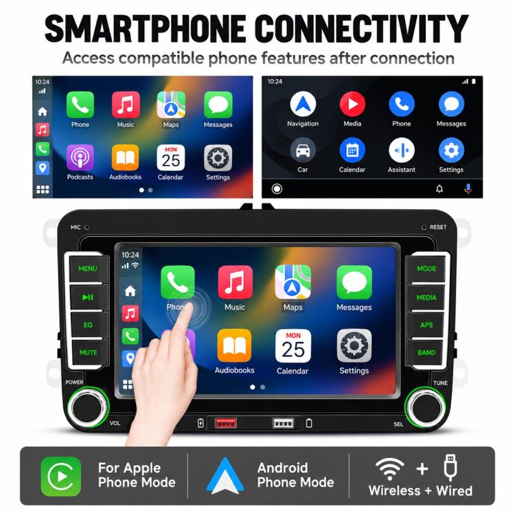 Car MP5 player with smartphone connectivity interface for media, maps, messages, and settings
