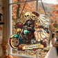 Acrylic skeleton biker couple wall ornament with roses, hanging hooks, and teal bike