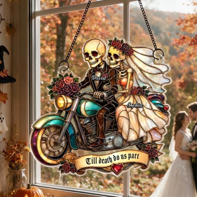 Acrylic skeleton biker couple wall ornament with roses, hanging hooks, and teal bike