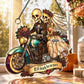 Skeleton biker couple acrylic wall ornament with roses, hanging chain, and heart detail