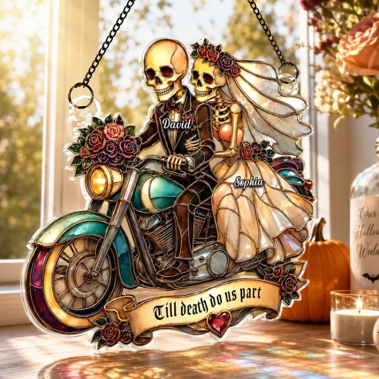 Skeleton biker couple acrylic wall ornament with roses, hanging chain, and heart detail
