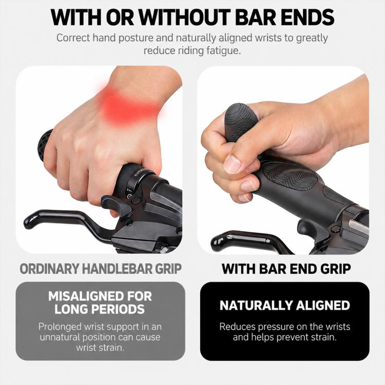 Black mountain bike grips with bar ends to help align wrists