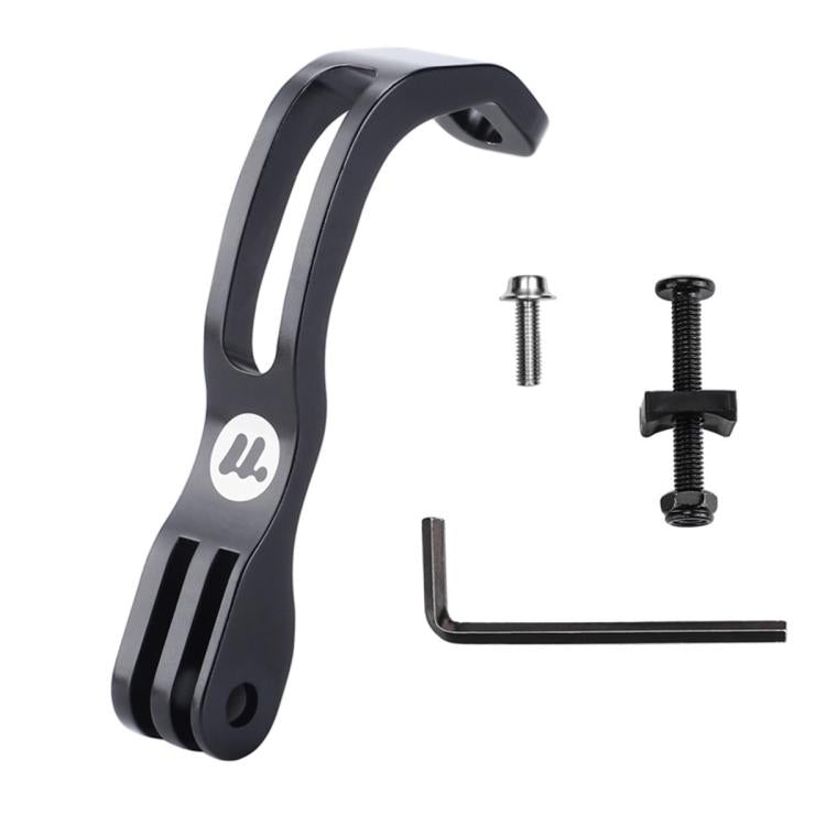Black L-shaped front fork light and camera mount bracket with two mounting screws