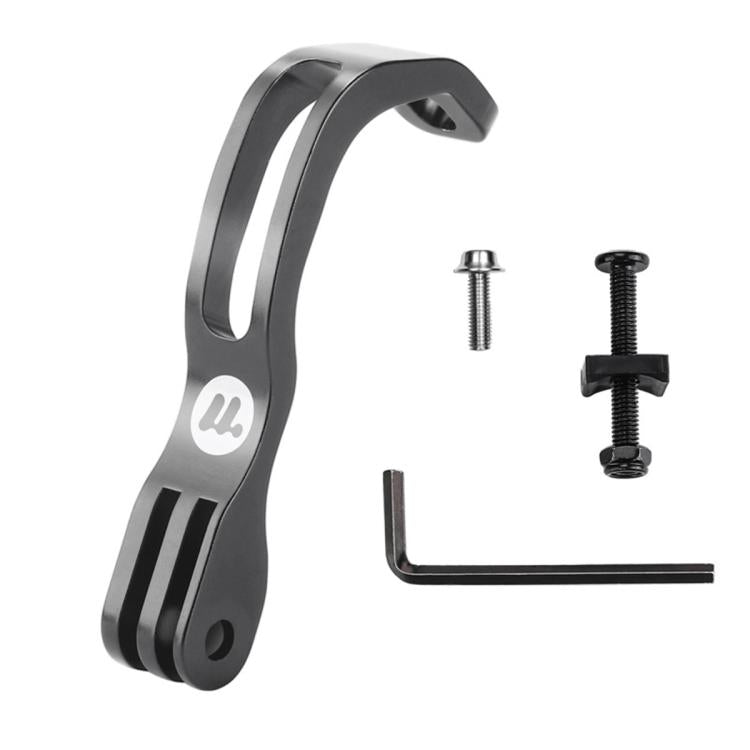Silver/gray L-shaped front fork light and camera mount bracket with two mounting screws
