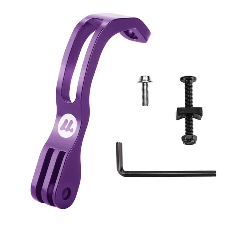 Purple L-shaped front fork light and camera mount bracket with two mounting screws