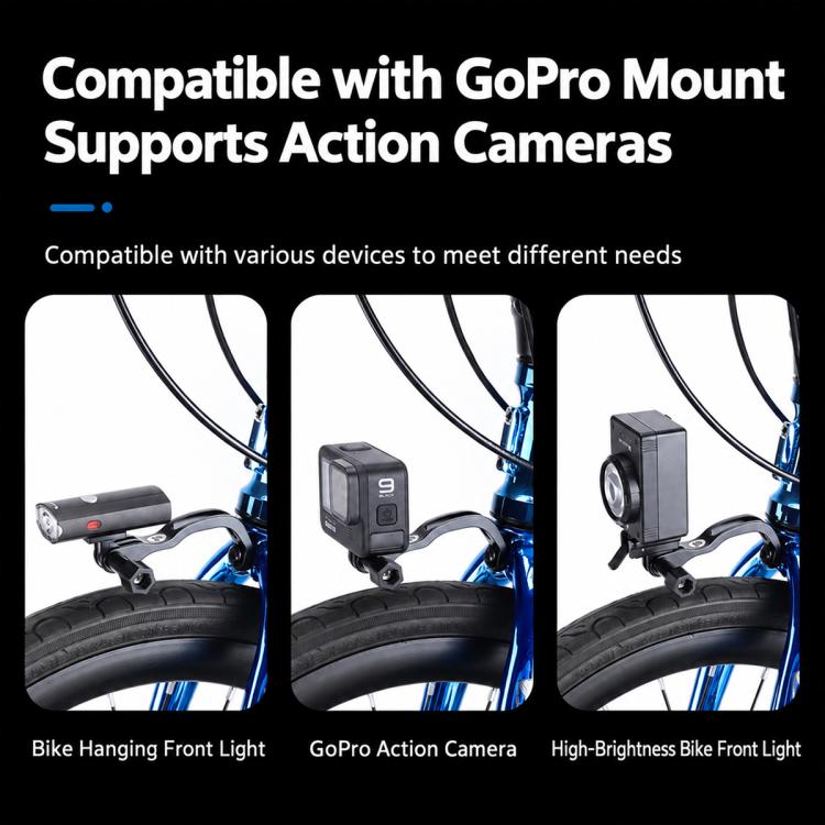 Front fork mount bracket holding an action camera and bike light
