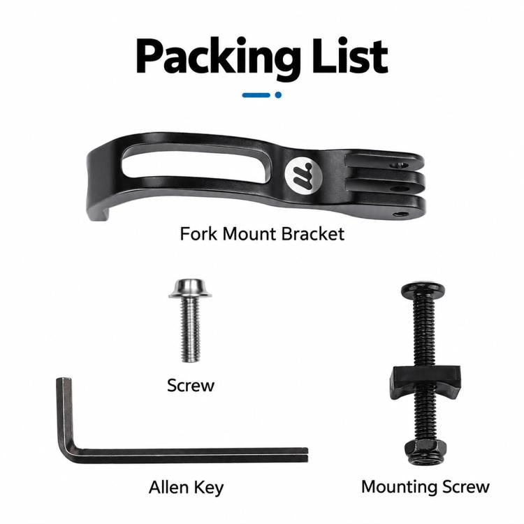 Front fork mount bracket kit with Allen key, screws, and mounting hardware