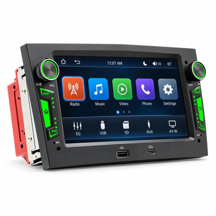 Car MP5 player head unit with touchscreen and green-lit side control bars