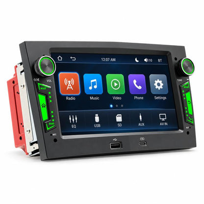 Car MP5 player head unit with touchscreen and green-lit side control bars