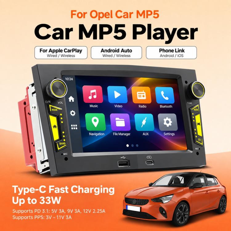 Car MP5 player head unit with colorful app icons and illuminated side controls