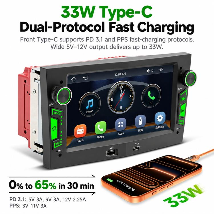 7-inch car MP5 multimedia receiver with touchscreen, Bluetooth icons, and green-lit controls