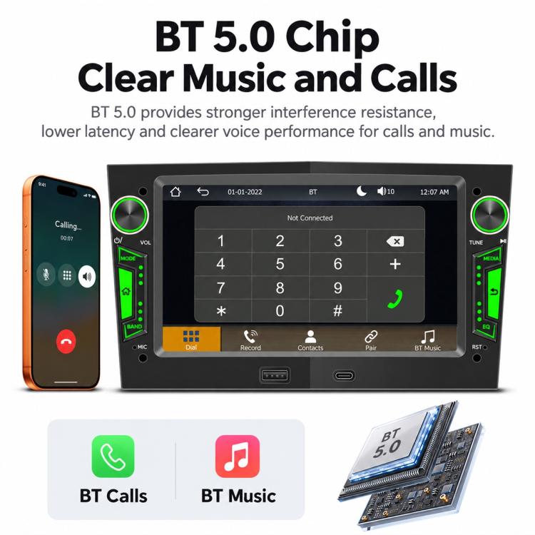 7-inch car MP5 multimedia receiver showing BT calling keypad and music icons on screen