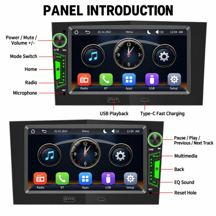 Car MP5 receiver front panel layout with power, volume, mode, radio, BT, and USB buttons