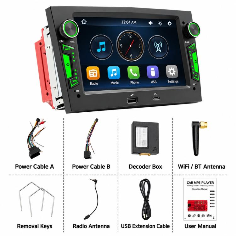 Car MP5 receiver kit with main unit, antennas, wiring harnesses, removal keys, and user manual