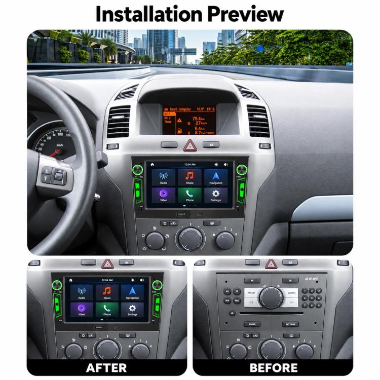 In-dash car MP5 player touchscreen display with dashboard controls