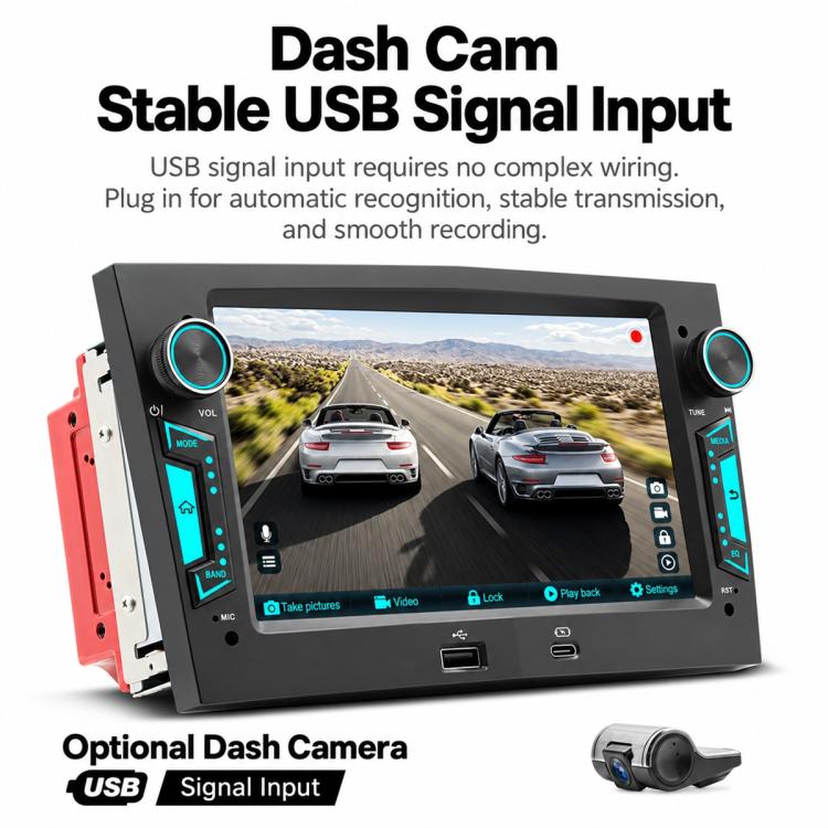 Car MP5 player with dash cam video on touchscreen and optional camera connection